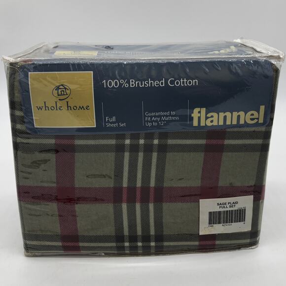 Vintage Whole Home Flannel Full Sheet Set Sage Plaid 100% Brushed Cotton Bedding - Picture 1 of 6
